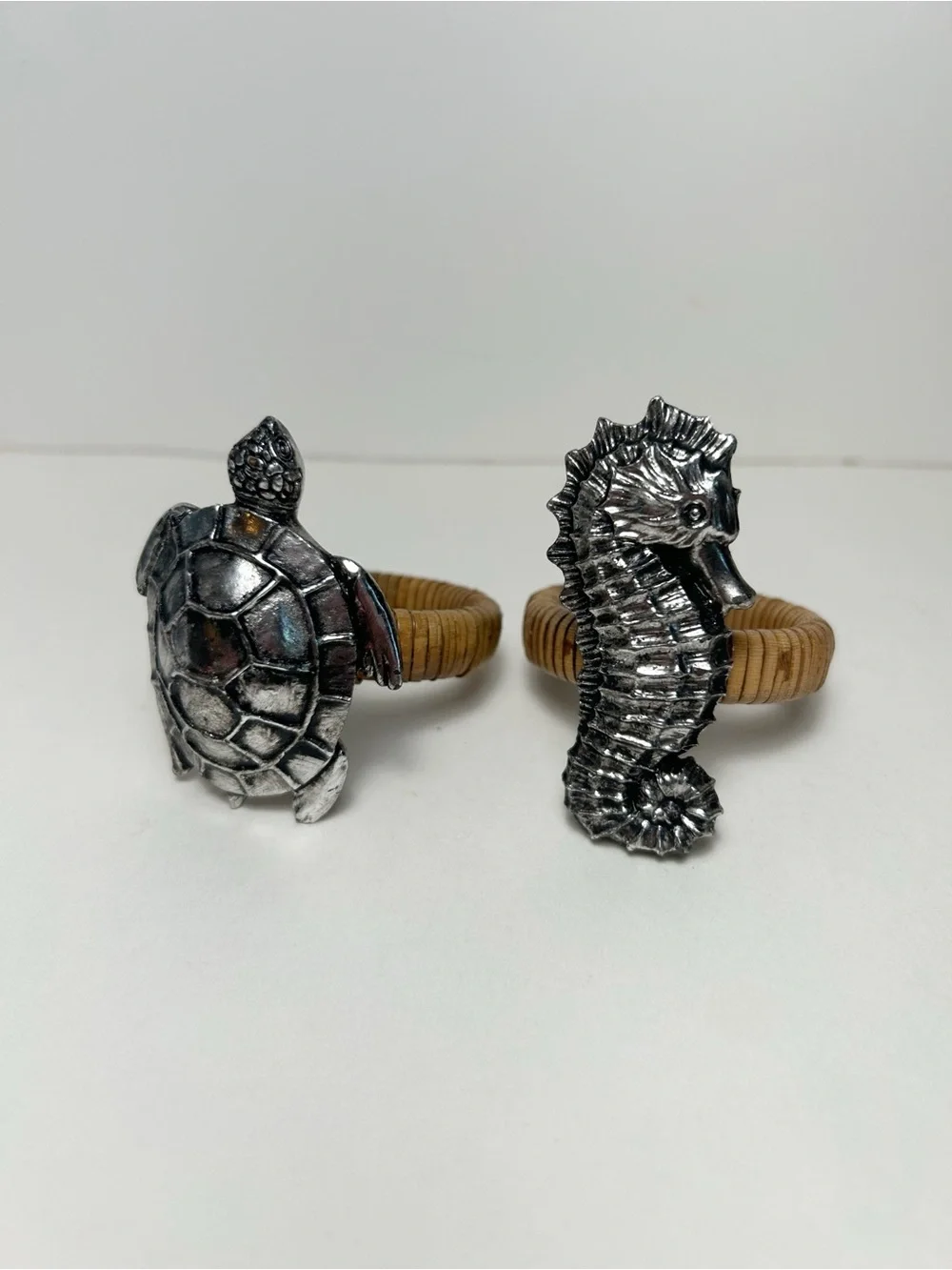 Sea Turtle & Seahorse Napkin Rings - Silver Toned Animal Coastal Set EUC